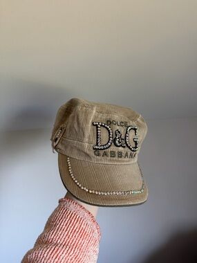 Vintage Y2K Dolce & Gabbana Beige Crystal-Embellished Military Cap
